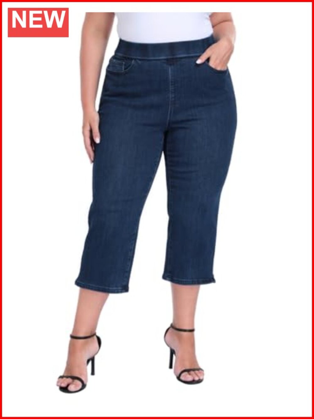Plus Size Pull On Crop Capri Jeans Tummy Control 21" Inseam High Waist Stretch